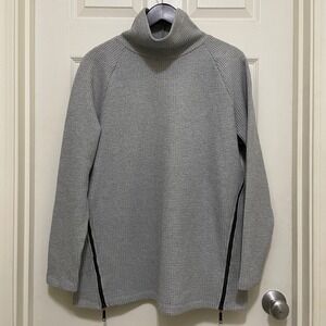 LL Bean Signature Waffle Knit Sweater Gray Side Zip Turtleneck‎ Fleece Lined L